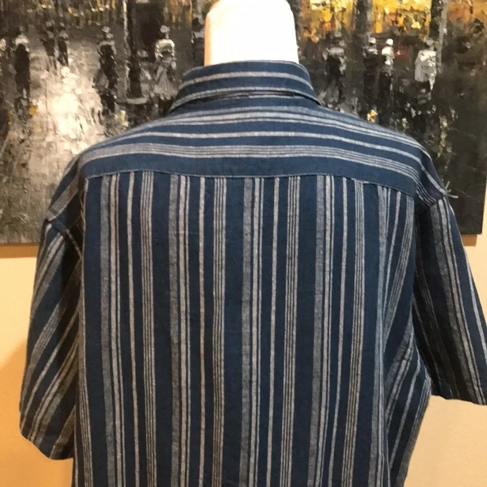 Banana Republic Linen/Cotton Slim Fit Button Down Blue w/Gray Striped Shirt-XL